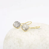 Handmade Black Rutile 10mm Cushion Gemstone Drop Earrings, 925 Sterling Silver Hook Earrings, 18k Gold Plated Dangle Earrings, Gift Earring